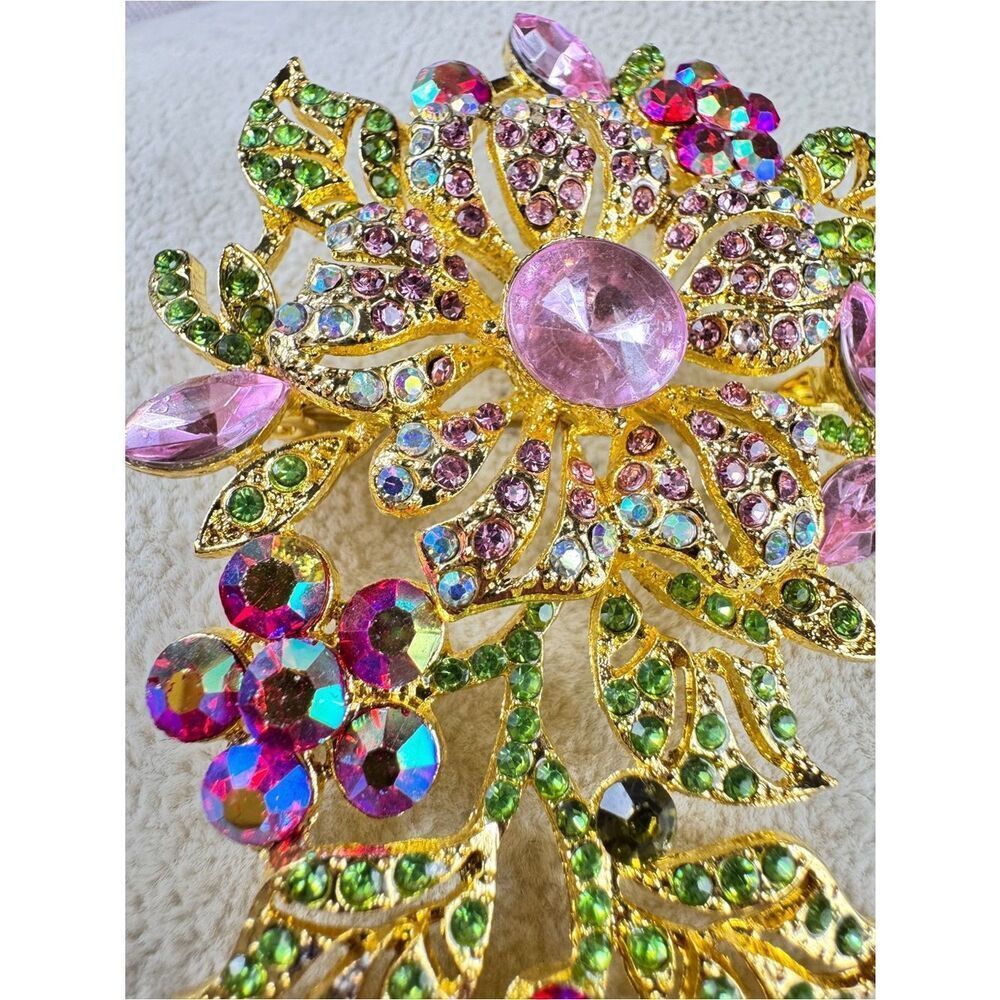 Vintage Gold Floral Brooch with Pink, Green & Iridescent Crystals - Picture 3 of 7
